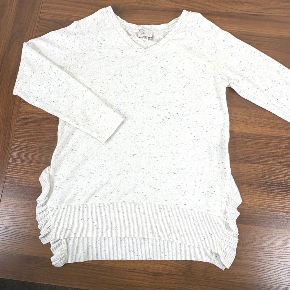 Anthropologie Postmark White Speckled Knit V Neck Tunic Sweater Ruffle Hem‎ XS